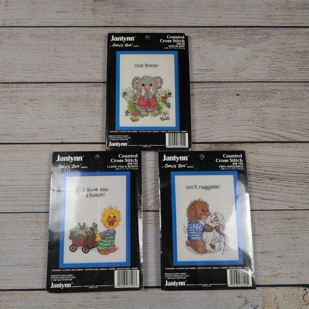 Janlynn Vintage Counted Cross Stitch Kit Lot of 3: God Bless, Love‎ You, hugs